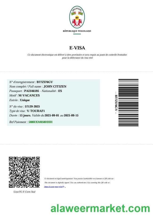 Togo e-visa template in Word and PDF formats